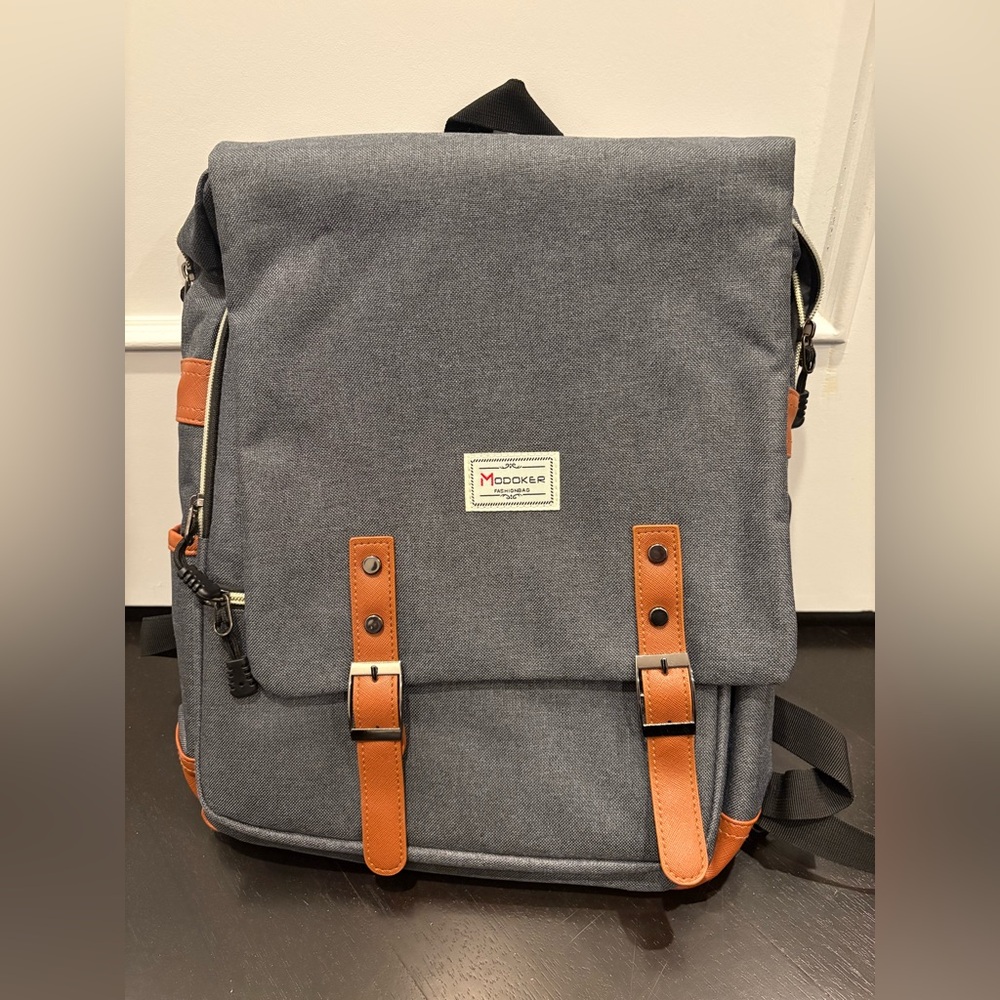 Modoker Gray and Tan Unisex Backpack;
Like New!